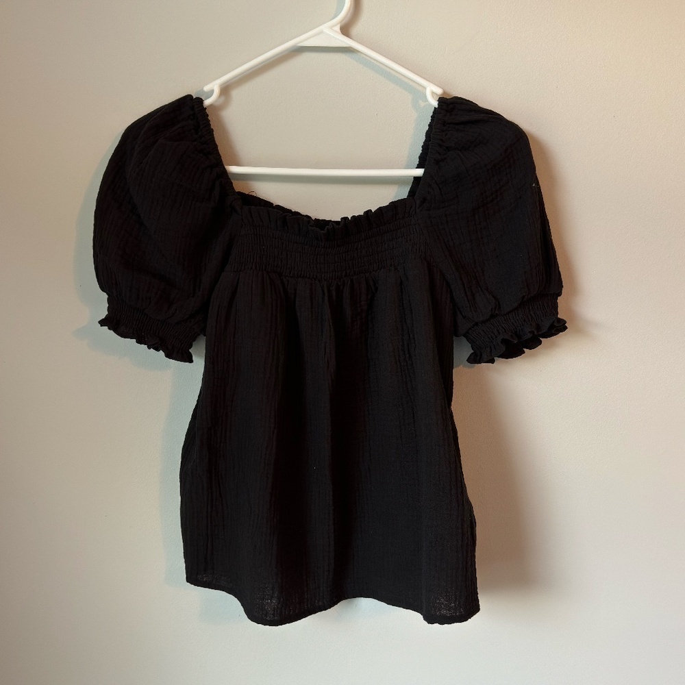 J. Crew Squareneck puff-sleeve soft gauze baby doll top in black - Picture 4 of 5